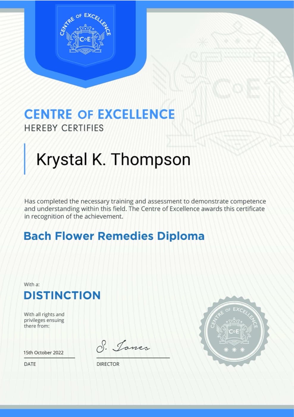 Bach Flower Remedies diploma — Krystal K. Thompson