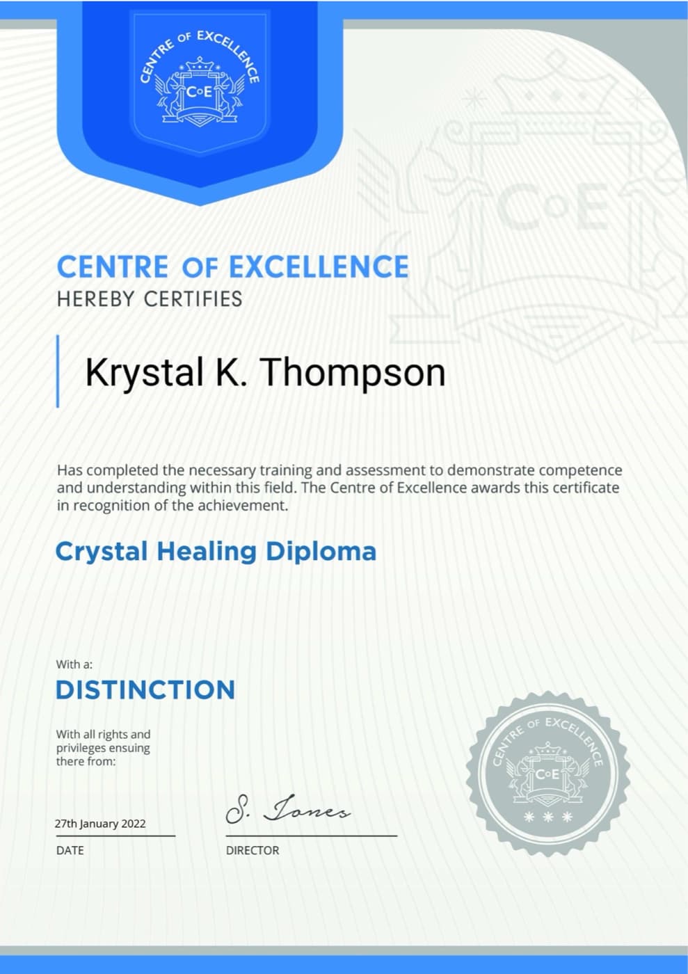 Crystal Healing diploma — Krystal K. Thompson